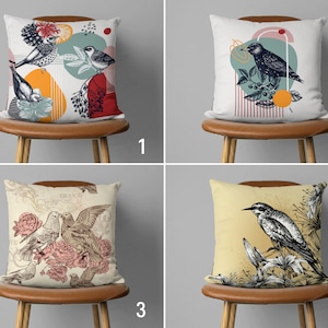 Abstract & Vintage Birds Pillow Cover, Cute Bird on Flowers Cushion Cover, Animal Pillow Case, Bedroom Decor, Any Size Pillows, 12x12, 14x14