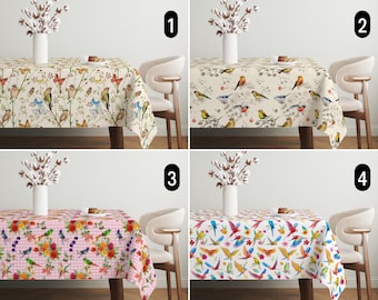 Birds & Flowers Tablecloth, Vintage Boho Floral Tablecloth, Rustic Classic Summer Tablecloth, Modern Cozy and Elegant Country House Decor