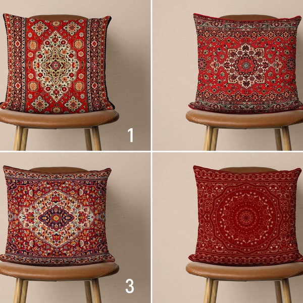 Red Carpet Design Pillow Cover, Ethnic Turkish Rug Pillow Case, Rug Pattern Cushion Cover, Southwestern Decor, Any Size Pillow, 20x20 12x12