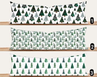 Christmas Pine Trees Lumbar Pillow Cover, Evergreen Forest Woods Oversized Pillow Cover, Long Winter Holiday Pillow Cover, Rustic Cozy Decor