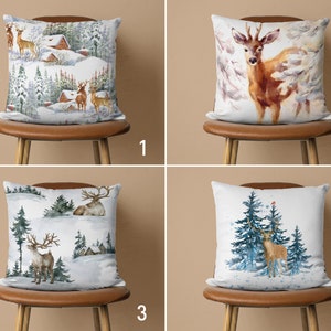 Federa per cuscino con cervo nella neve, federa per cuscino con paesaggio invernale, federa per cuscino con foresta di pini, decorazione con dipinto di cervo, regalo di Capodanno, regalo di Natale, 18x18