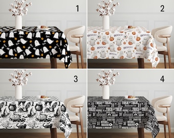 Halloween Black White Tablecloth, Cute Halloween Ghosts Table Cover, Vintage Digital Print Tablecloth, Dining Room Decor, Halloween Decor