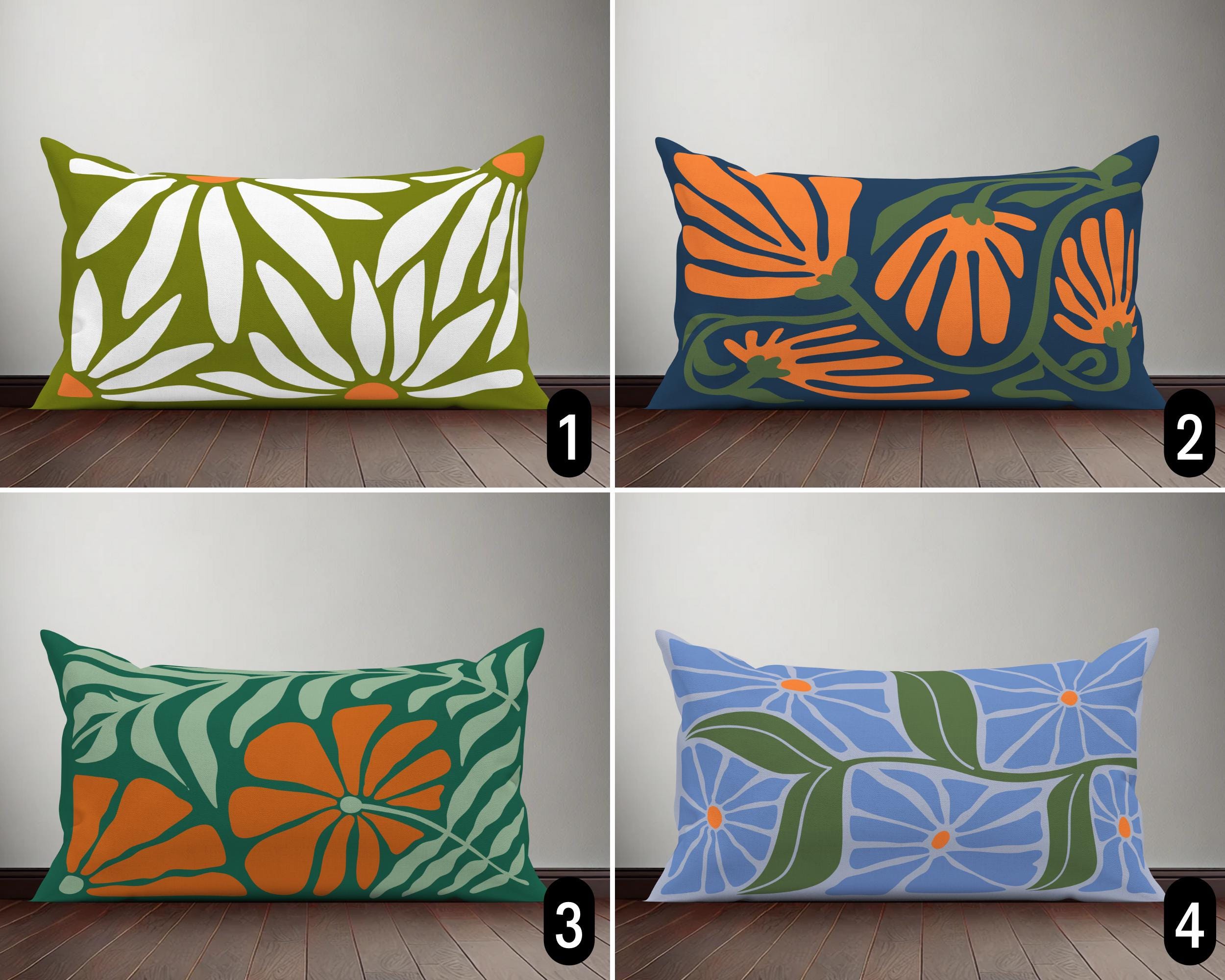 Boho Floral Groovy Lumbar Pillow Cover, Abstract Mid Century Modern Flowers Pillow Case, Botanical Retro Green Blue Cushion Cover, Any Size