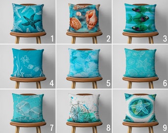 Coastal Lumbar Pillow Cover, Nautical Fish & Starfish Cushion Cover, Throw Pillow Case for Beach House, Any Size Pillow, Custom Pillows