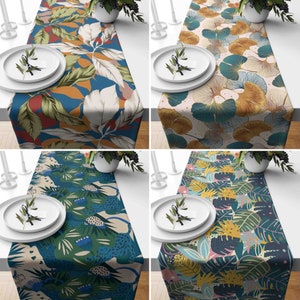 Boho Blätter Tischläufer, Tropischer Küchenläufer, Blau Gelb Blatt Muster Tischdecke, Boho Tischdekoration, Bauernhaus Läufer, Alle Größen