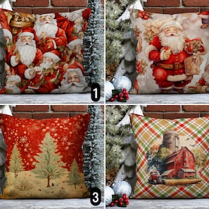 Federa per cuscino di design di Babbo Natale, fodera per cuscino natalizia rossa, fodera per cuscino per albero di pino e fattoria rossa, decorazioni natalizie, decorazioni invernali fatte a mano