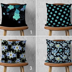 Blue & Black Floral Pillow Cover, Flowers Cushion Cover, Teal Pillow Case, Farmhouse Decor, Size Option Pillow, Apartment Decor, Cover Only