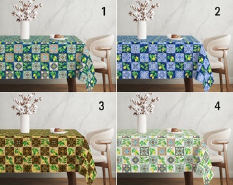 Lemons & Tiles Design Tablecloth, Checked Mediterranean Italian Tablecloth, Unique Summer House Decor, Handmade Custom Table Cloth, Any Size