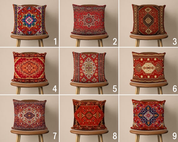 Rug Print Pillow Case, Red Turkish Carpet Pattern Pillow Cover, Ethnic & Boho Kilim Design Cushion Cover, Ottoman Decor, All Sizes Pillow