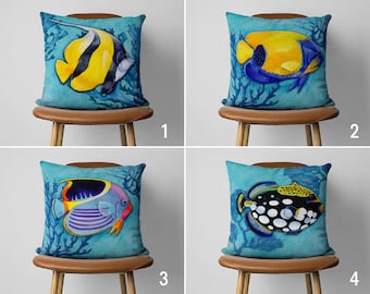 Fish Design Marine Pillow Cover, Blue Sea Themed Cushion Cover, Nautical Vivid Color Pillow Cover, Coastal Home Decor, Decorative Pillow