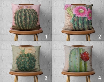Cactus Painting Pillow Cover, Green & Pink Floral Pillow Case, Cactus Cushion Cover, Boho Home Decor, Any Size Pillow, Cover Only, 20x20