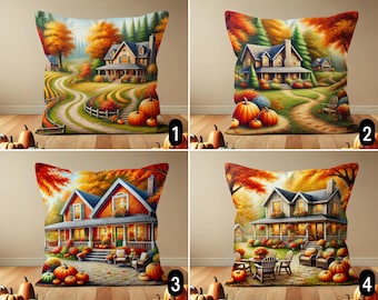 Cozy Autumn Farmhouse Design Pillow Case, Fall Cottage Throw Pillow Cover, Pumpkins & Country House Cushion Cover, Thanksgiving Decor, 22x22