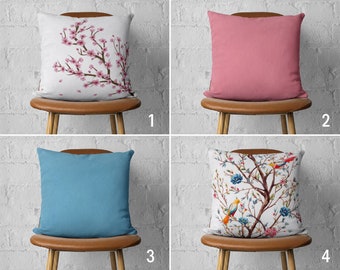 Floral Pink Blue Pillow Covers, Sakura Cherry Blossom Tree Cushion Cover, Spring Tree Home Decoration, Custom Pillows, Cover Only, 14x14