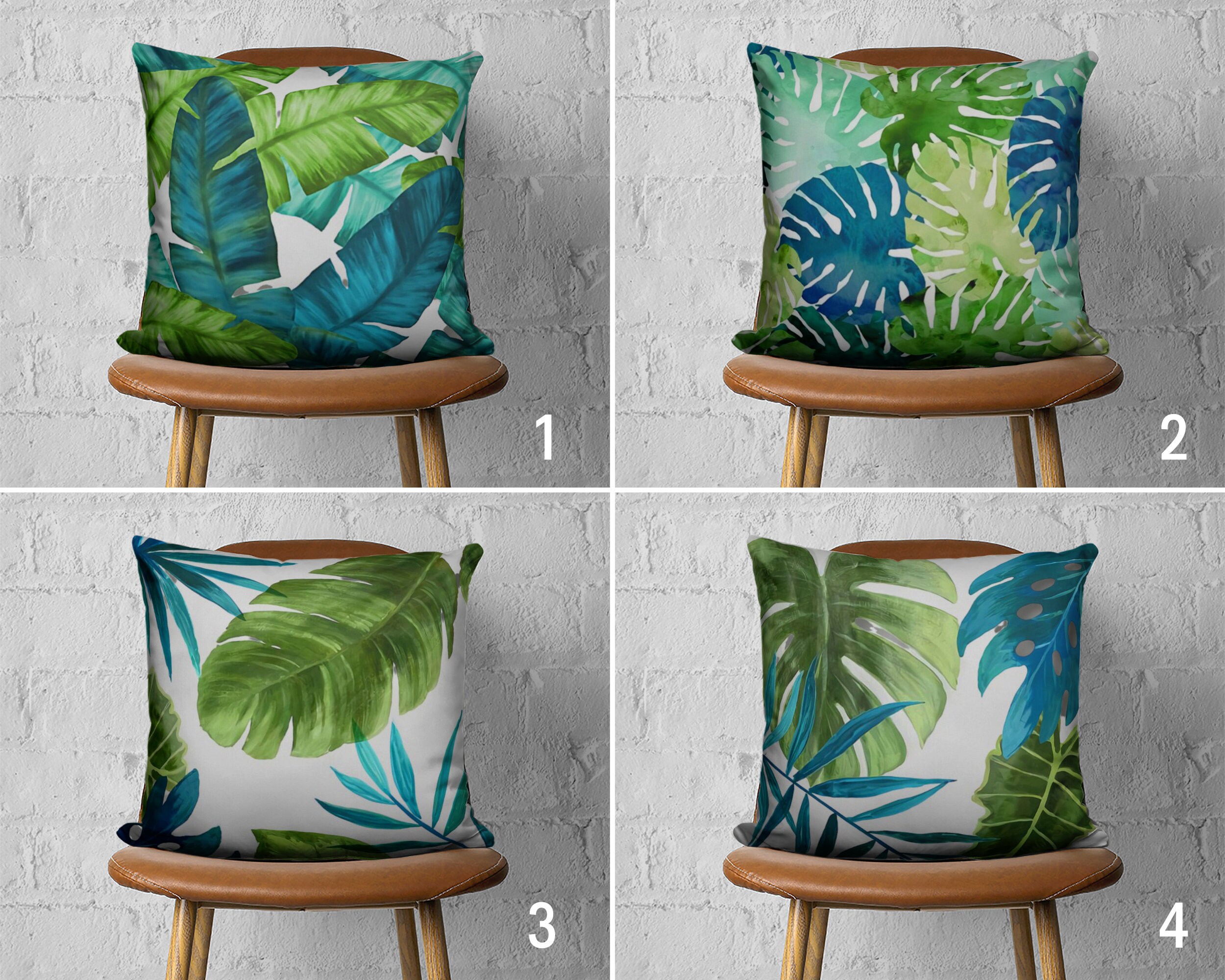 Blue Green Tropical Leaves Pillow Covers Botanical Pillow Cases Giant Leaf Pattern Cushion Cover Custom Throw Pillow Case Cover Only Etsy
