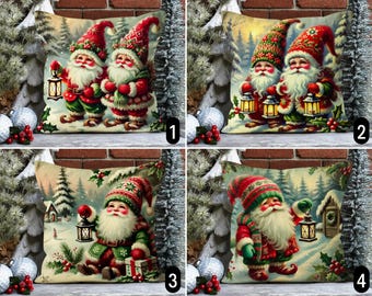 Cute Christmas Gnomes Pillow Cover, Holiday Santa Gnomes Cushion Cover, Cozy Nordic Rustic Vintage Digital Print Pillow Case, Winter Decor