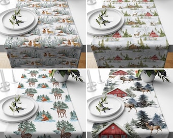 Deers in Snow Table Runner, Winter Forest Woodland Kitchen Runner, Farmhouse Tablecloth, Rustic Home Decor, Christmas Gift, Any Custom Size