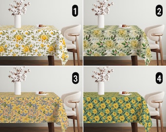May include: Four different floral tablecloths with yellow and white flowers on a white background. The tablecloths are shown on a table with a chair next to it. The tablecloths are numbered 1 through 4.