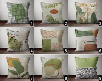 Boho Green Abstract Pillow Case, Botanical Minimalistic Throw Pillow Cover, Modern Nordic Style Cushion Cover, Any Size, Living Room Decor