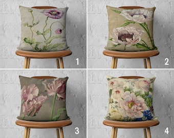 Beige & Purple Floral Pillow Cover, Vintage Flower Painting Pillow Case, Bedroom Cushion Cover, Living Room Decor, Cover Only, 20x20 18x18