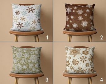 Boho Snowflakes Pillow Case, Winter & Christmas Pillow Cover, Rustic Style Brown Green Snowy Cushion Cover, Noel Gift, New Year Decor