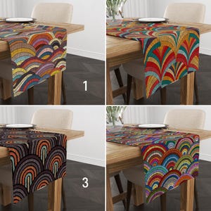 Boho Art Deco Style Table Runner, Digital Print Embroidery Fan Pattern Table Runner, Ethnic Colorful Tablecloth, Retro Eclectic Home Decor