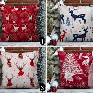 Christmas Reindeer & Fox Pillow Case, Red Winter Holiday Accent Pillow Cover, Scandinavian Style Cushion Cover, Cozy Rustic Farmhouse Decor