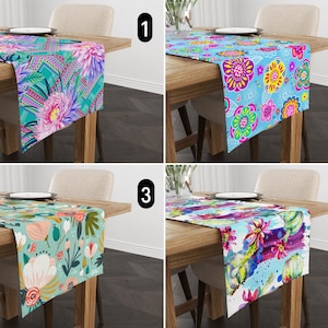 Blau-rosa Blumen-Design-Tischläufer, lebendiger tropischer Blumenläufer, lebendige abstrakte moderne Sommertischdecke, Esszimmerdekor, jede Größe