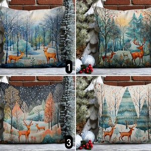 Copricuscino con cervi nella foresta innevata, copricuscino con scenario invernale, federa per alberi di pino, arredamento natalizio, arredamento di Capodanno, regalo di Natale