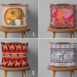 Ethnic Elephant Pillow Case, Boho Elephant Cushion Cover, Bohemian Pillow Cover, Indian Style Decor, 18x18, 20x20, Decorative Pillow Cover