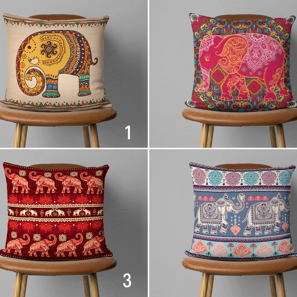 Ethnic Elephant Pillow Case, Boho Elephant Cushion Cover, Bohemian Pillow Cover, Indian Style Decor, 18x18, 20x20, Decorative Pillow Cover