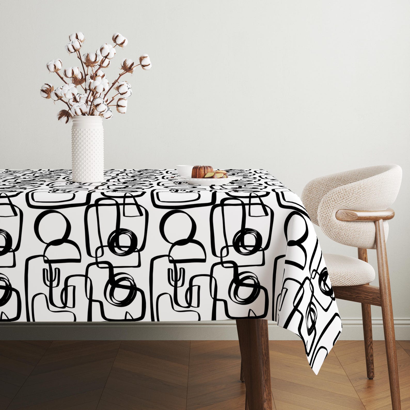 Tablecloth Drawring One Line Drawing Tablecloth, Black & White Modern Abstract Tablecloth ...