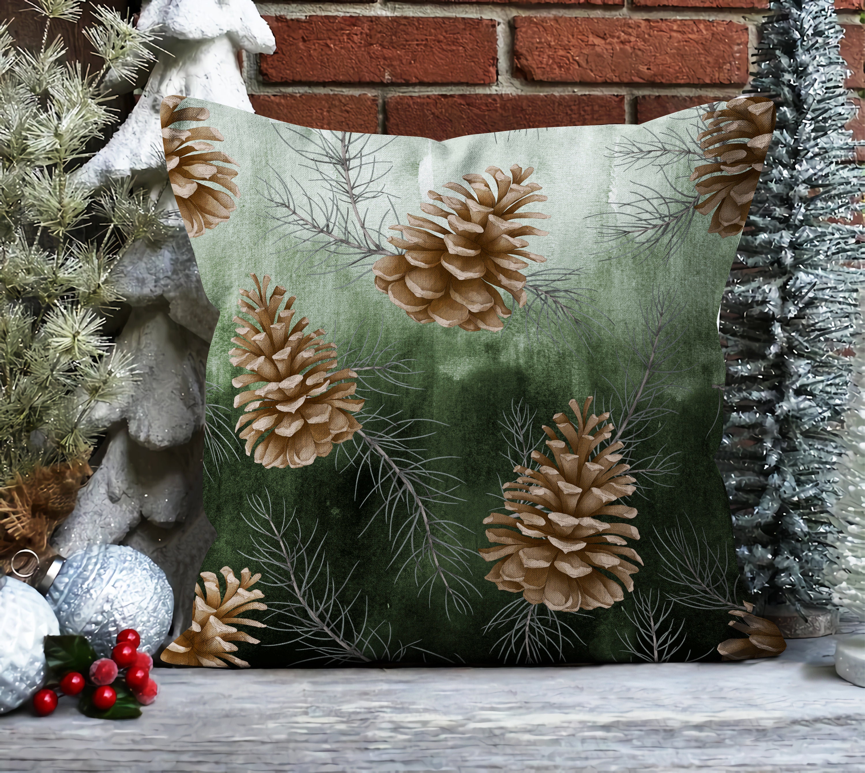 Pine Cone Design Throw Pillow Cover, Green Brown Pine Tree Pillow Case ...