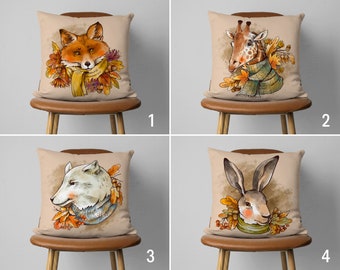Linda funda de almohada de retrato de animal vestido, conejo lobo zorro jirafa con funda de almohada de bufanda, funda de almohada de otoño, decoración de otoño, 18x18, 20x20