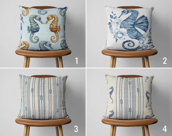 Seahorse Lumbar Pillow Cover, Beach House Cushion Cover, White Coastal Pillowcase, Nautical Home Decor, Any Size Pillow, 24x24 26x26 28x28