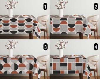 Mid Century Modern Tablecloth, Retro Scandinavian Abstract Circles & Lines Tablecloth, Minimalist Boho Cozy Tablecloth, Dining Room Decor