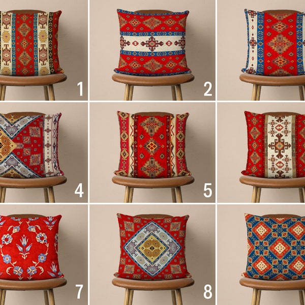 Rug Design Pillow Case, Red & Blue Pillow Cover, Ethnic Cushion Cover, Southwestern Decor, Farmhouse Style, Ottoman Style Decor, 16x16 20x20