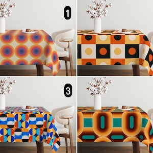 Retro Vibrant Geometric Tablecloth, Abstract Mid Century Modern Tablecloth, Boho Chic Yellow Orange Eclectic Tablecloth, Dining Room Decor