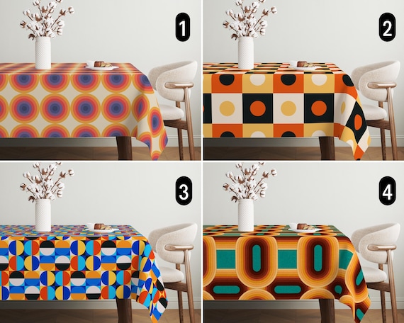 Lebendige Geometrische Retro Tischdecke, Abstrakte Mid Century Modern Tischdecke, Boho Chic Gelb Orange Eklektische Tischdecke, Esszimmer Dekor