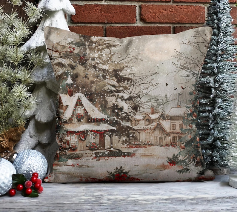 May include: A decorative pillow with a winter scene featuring a snow-covered village with houses and trees. The pillow has a beige background with a brown and white pattern.