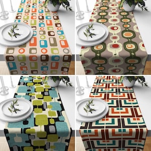 Mid Century Modern Runner, Retro Design Boho Table Runner, Geometric Tablecloth, Retro Table Cover, Kitchen Decor, Dining Room Decor