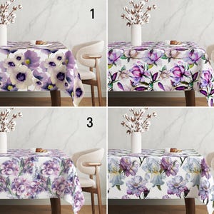 Floral Spring Tablecloth, Purple Lilac Lavender Violet Color Flowers Tablecloth, Romantic Botanical Watercolor Tablecloth, Dining Room Decor
