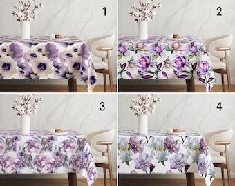 Nappe florale printanière, nappe fleurs de couleur violet lilas lavande, nappe romantique aquarelle botanique, décoration de salle à manger