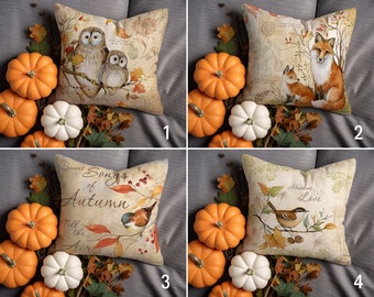 Gemütlicher Herbst Kissenbezug, Herbst Kissenbezug, Fuchs Eule Vogel Dekokissenbezug, Trockener Baum Blätter Dekor, Thanksgiving Geschenk, jede Größe, nur Bezug