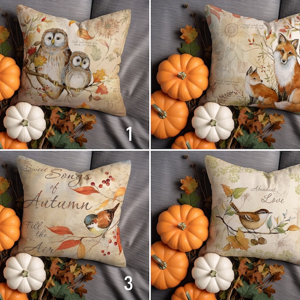 Cozy Fall Pillow Cover, Autumn Cushion Cover, Fox Owl Bird Throw Pillow Case, Dry Tree Leaves Decor, Thanksgiving Gift, Any Size, Only Cover