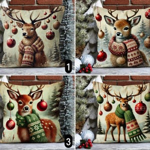 Federa per cuscino con renne di Natale, cervi con sciarpa invernale e ornamenti natalizi a forma di albero di pino, accogliente decorazione rustica vintage, 18x18