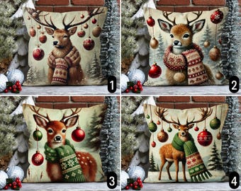 May include: Four decorative throw pillow covers featuring a festive reindeer design with red and green baubles. The reindeer are wearing scarves with a wintery pattern.