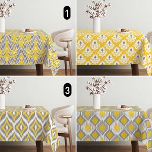 Gelb Graue Ikat Design Tischdecke, Tischdecke mit abstraktem ethnischen Muster, Boho Traditionelle Geometrische Tischdecke, Esszimmer Dekor