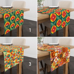 Retro Orange Green Table Runner, Mid Century Modern Floral Boho Vibrant Table Runner, Abstract Geometric Custom Runner, Dining Room Decor