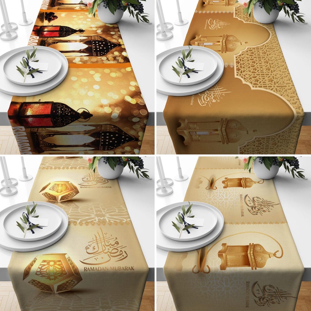 Luxury Yellow Ramadan Kareem Table Runner, Eid Mubarak Lanterns ...