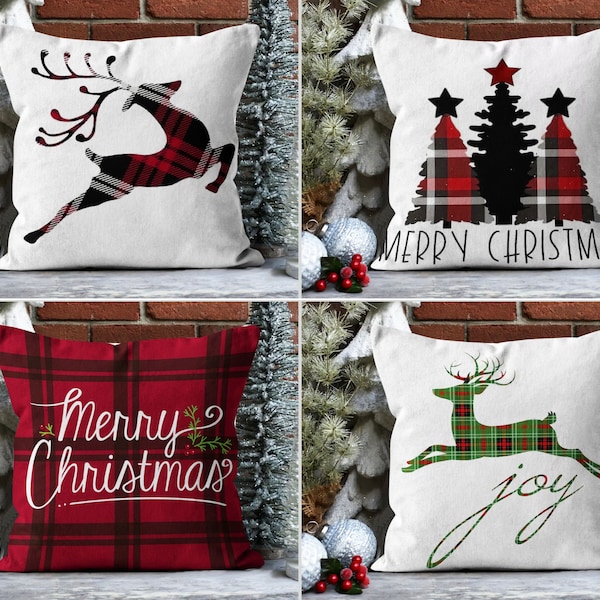 Plaid & Tartan Design Christmas Pillow Cover, Christmas Deer and Tree Cushion Cover, Red Black Xmas Pillow Case, New Year Gift, Rustic Decor